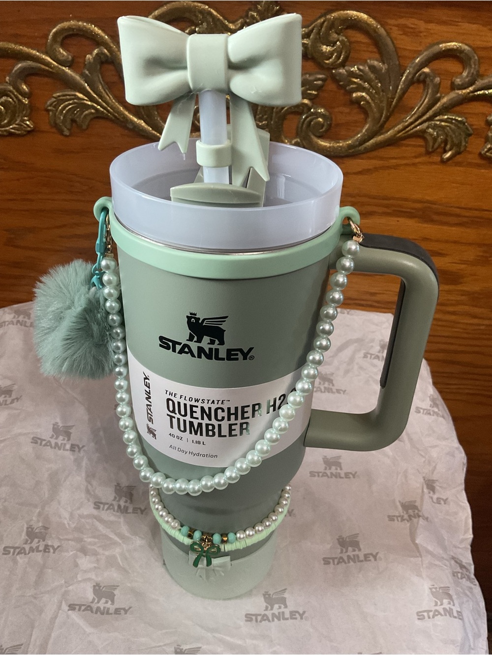 Stanley Mint Green Quencher Tumbler with Bow Straw Accent